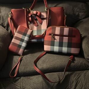 Elegant Red Plaid Women's Bag Set